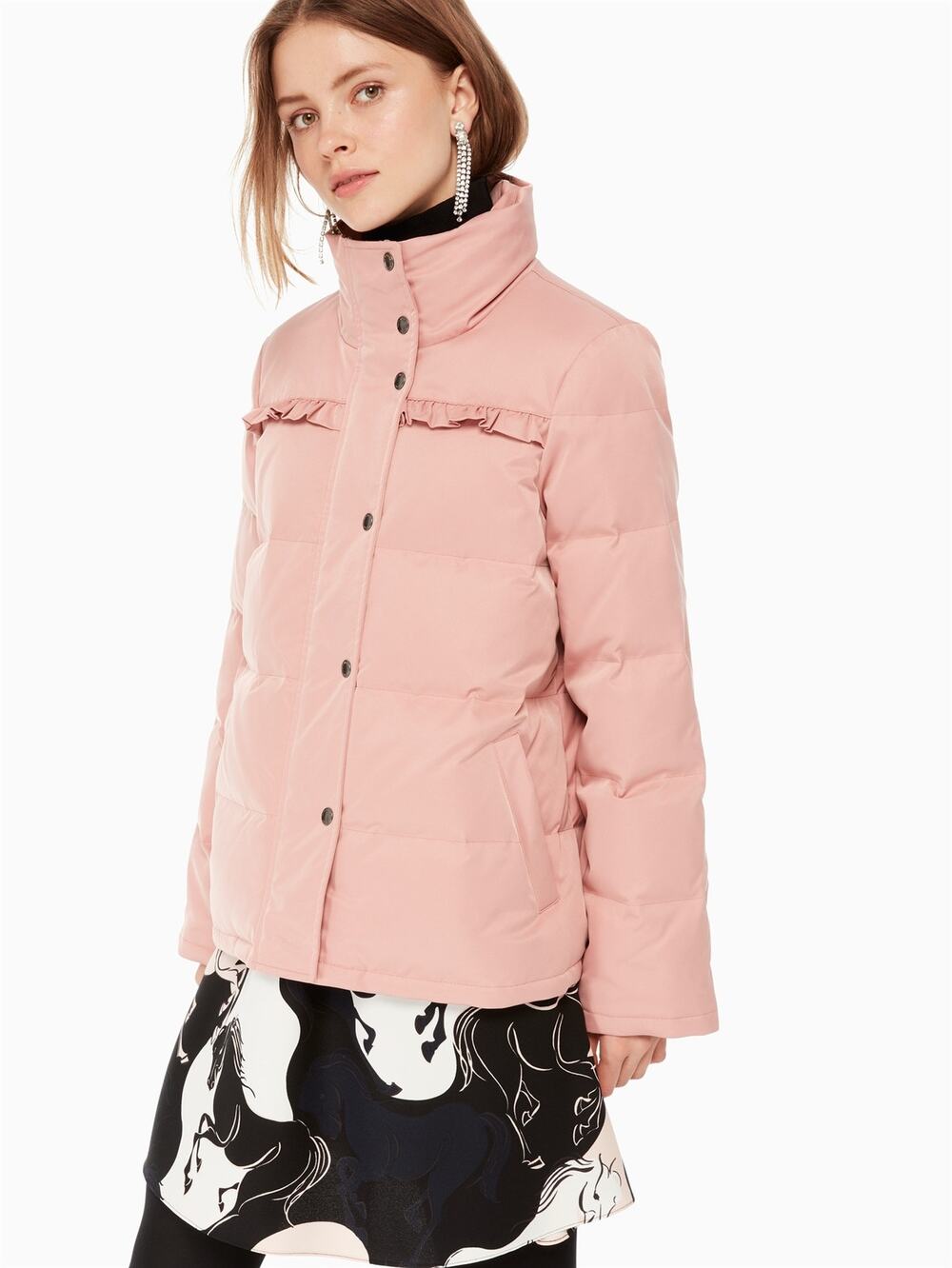 Kate Spade Womens Ruffle Yoke Puffer Down Jacket Faded Peony Size X-Small